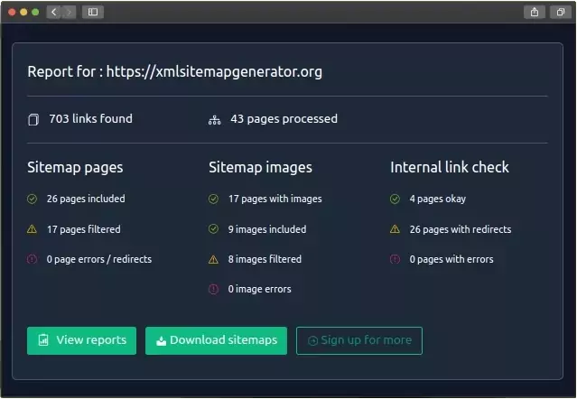 Online XML Sitemap Generator report